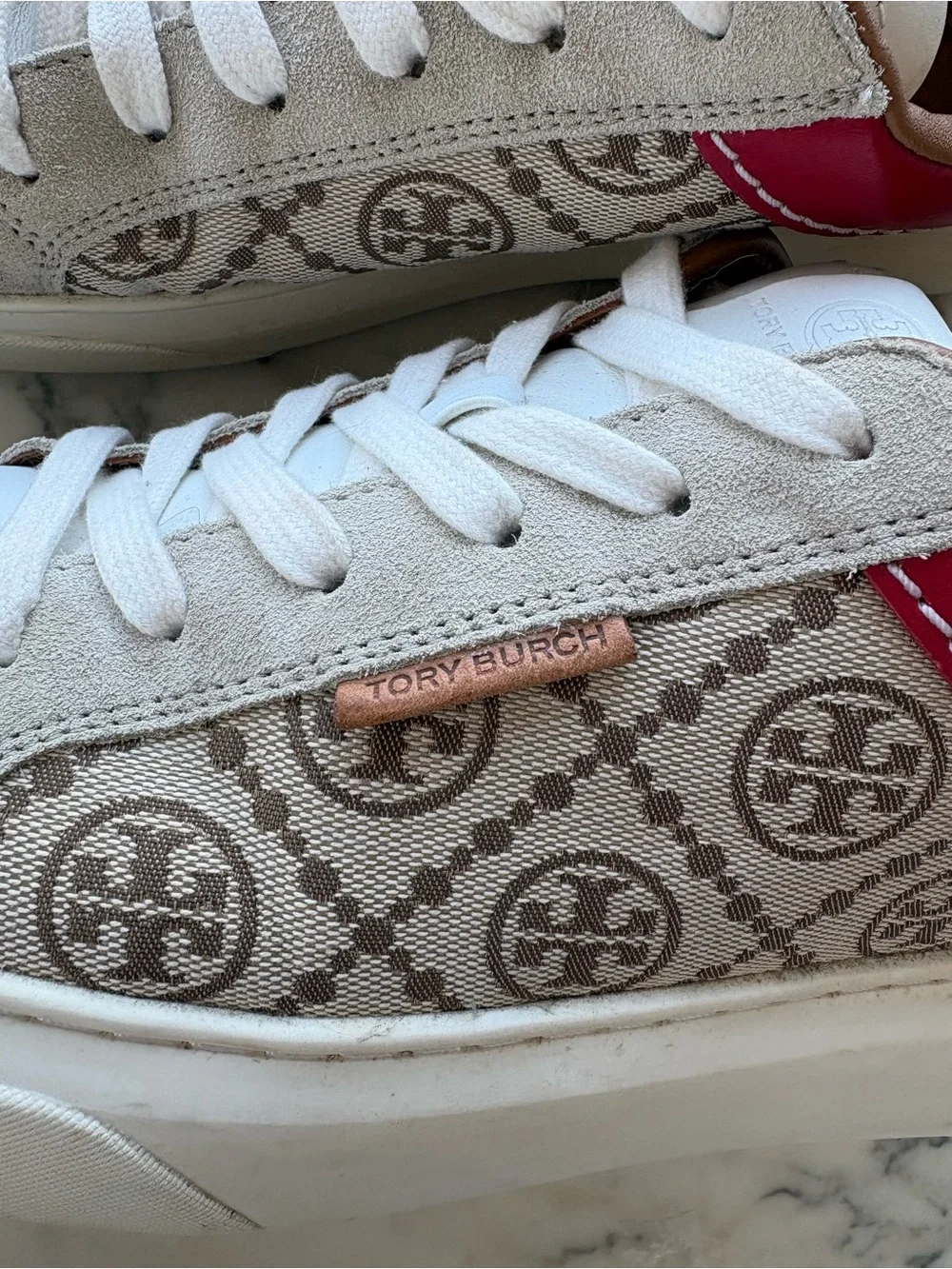 Tory Burch T Monogram Ladybug Sneakers red and beige monogram sz 10